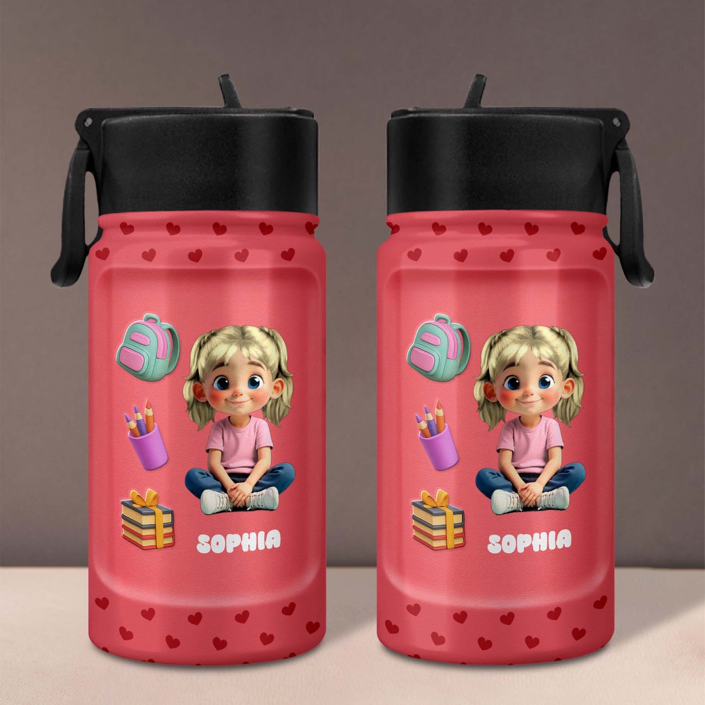 Personalized Water Bottle with Backpack and Colored Pencils