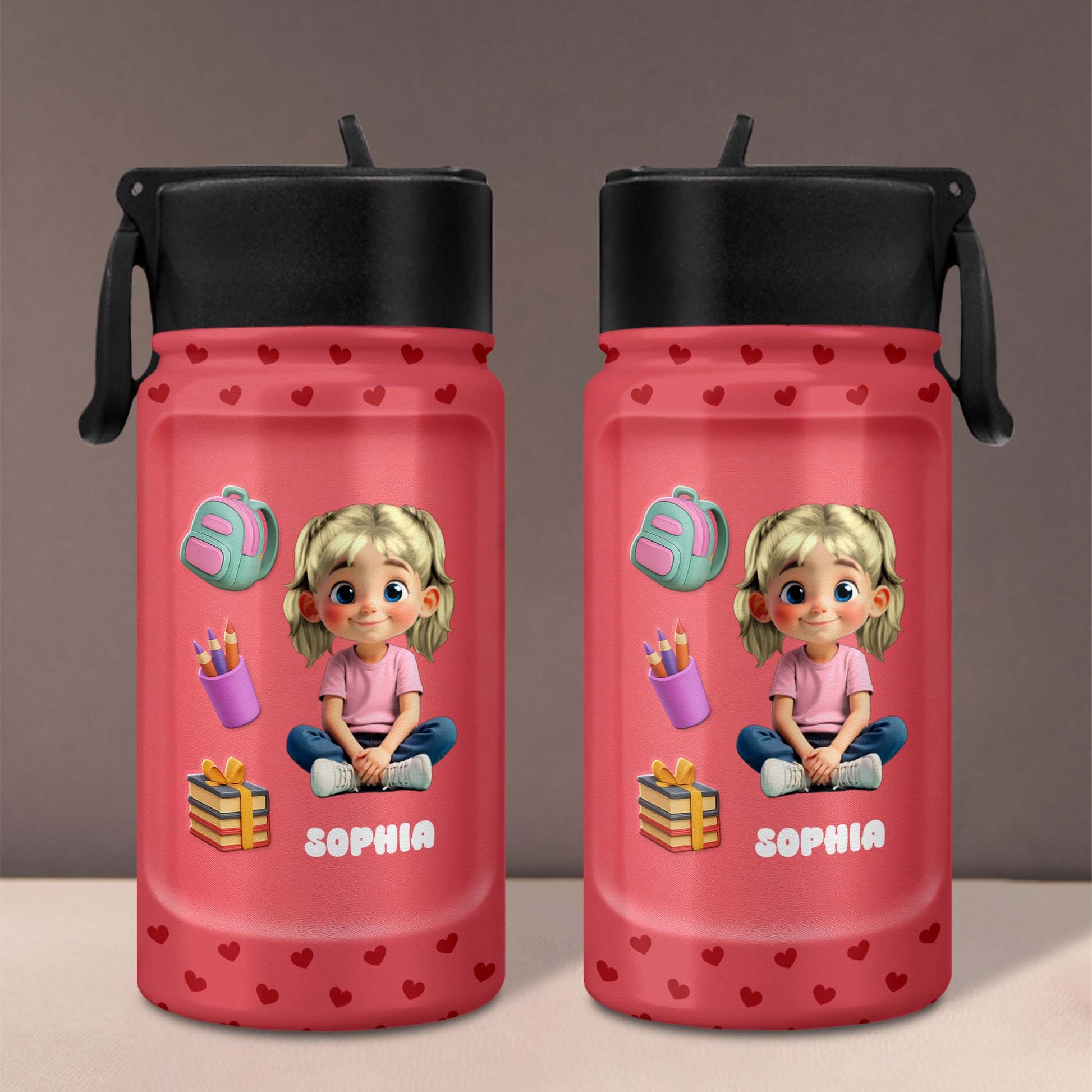 Personalized Water Bottle with Backpack and Colored Pencils