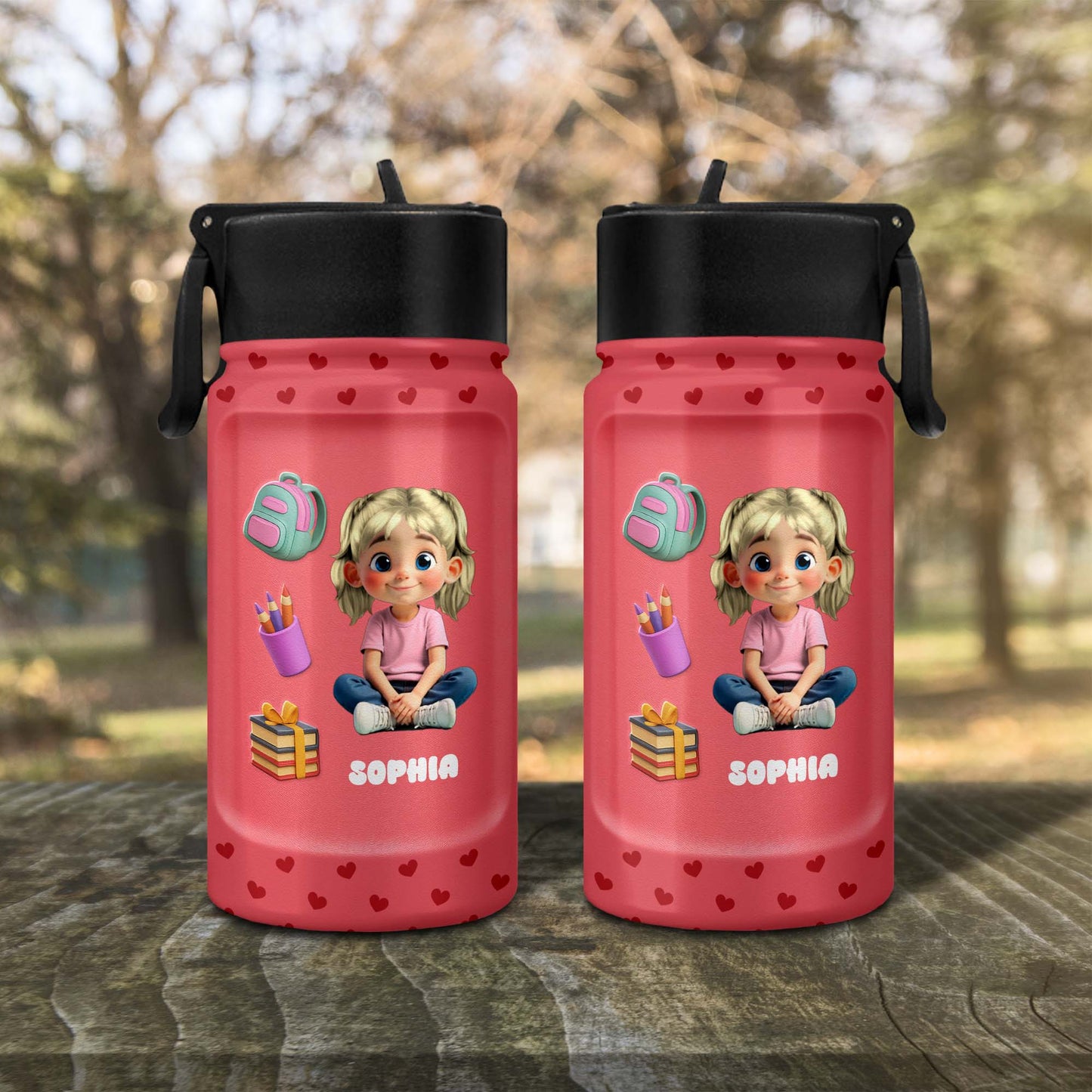 Personalized Water Bottle with Backpack and Colored Pencils