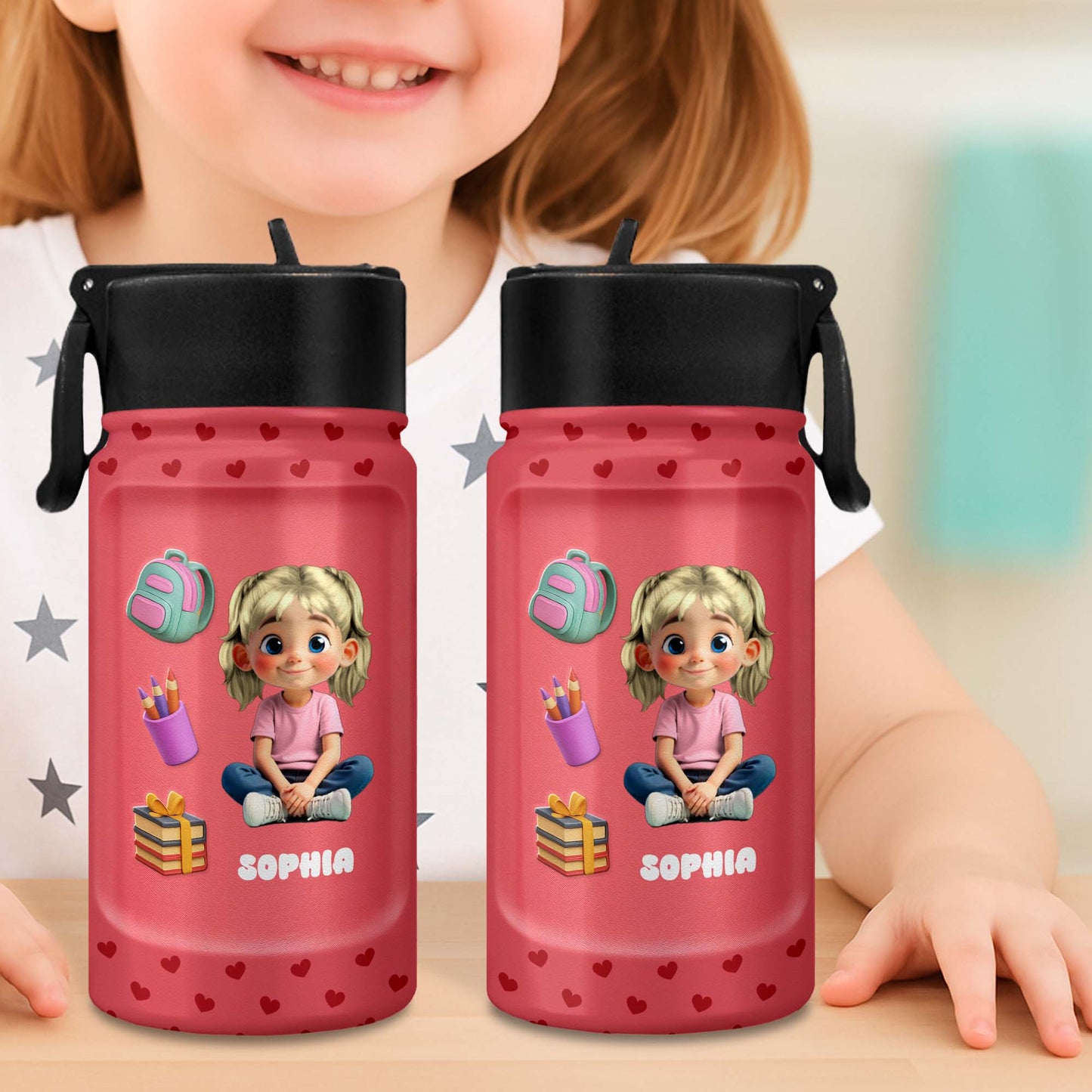Personalized Water Bottle with Backpack and Colored Pencils