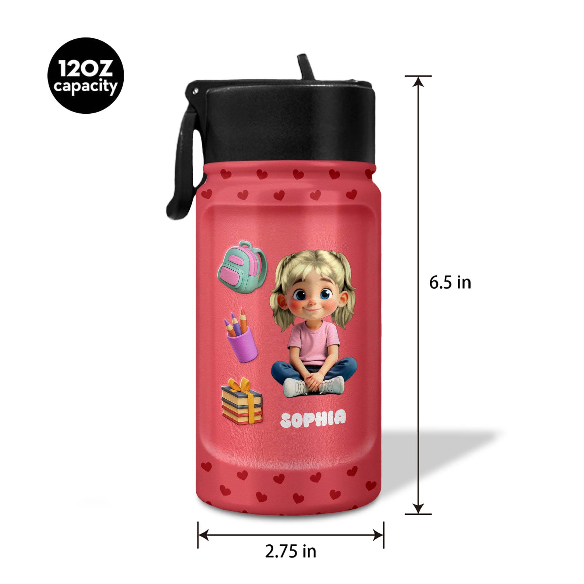 Personalized Water Bottle with Backpack and Colored Pencils