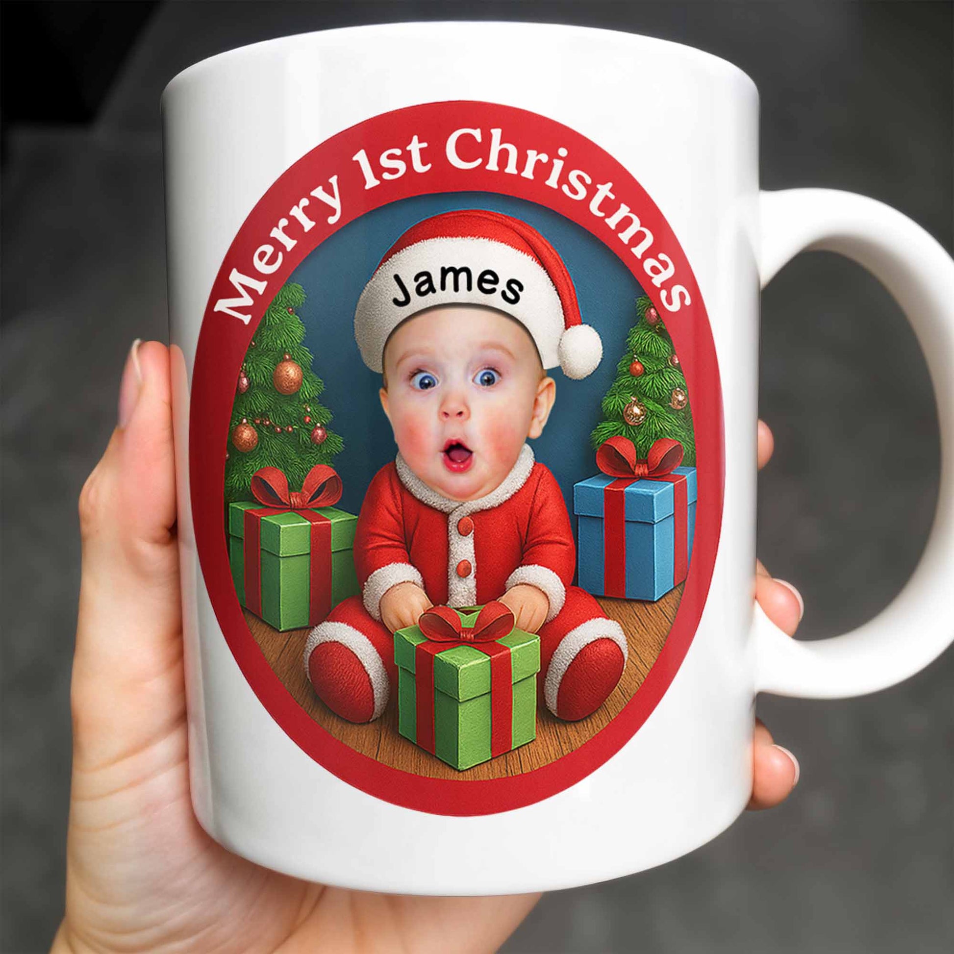 Merry 1st Christmas, Baby With Christmas Tree And Gifts