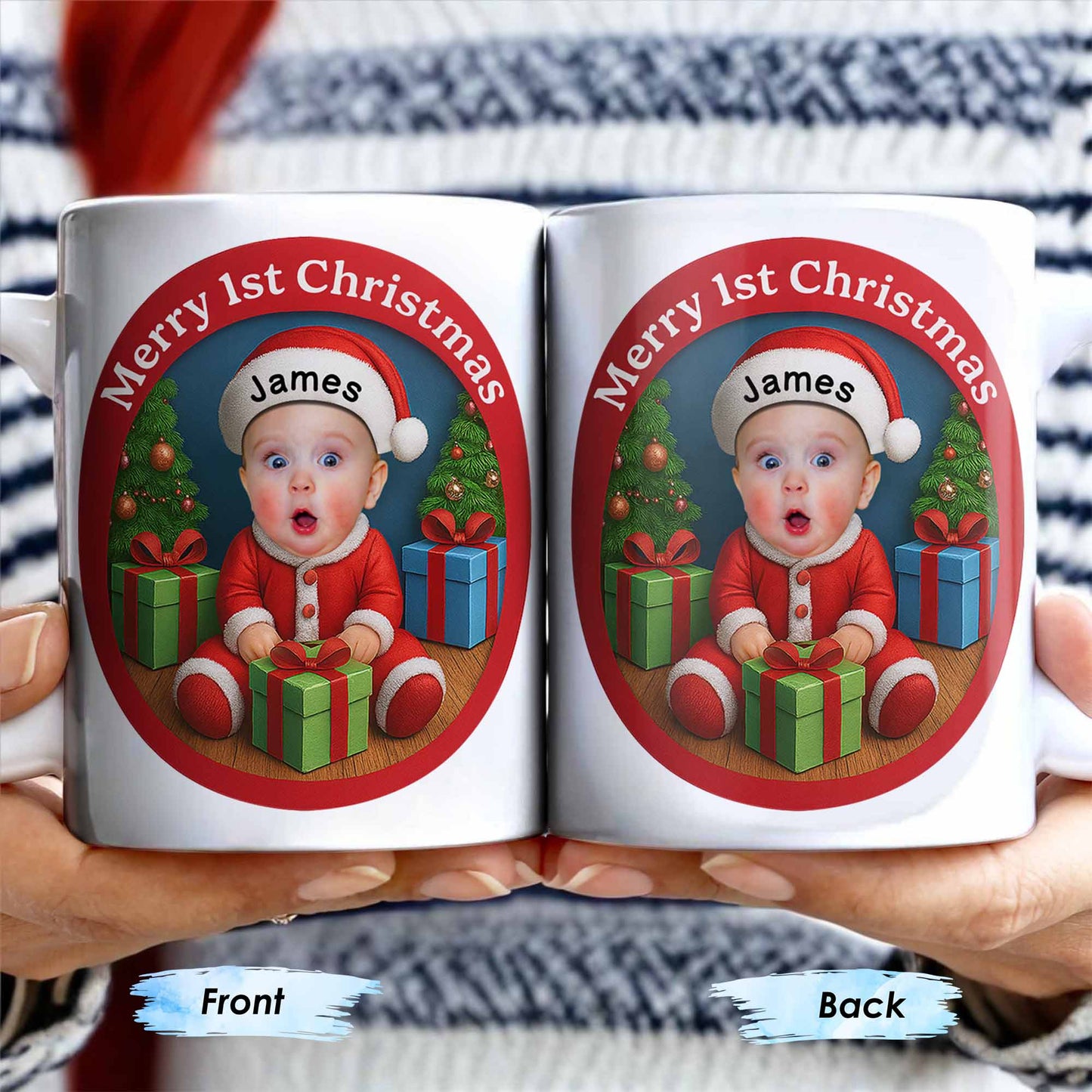 Merry 1st Christmas, Baby With Christmas Tree And Gifts