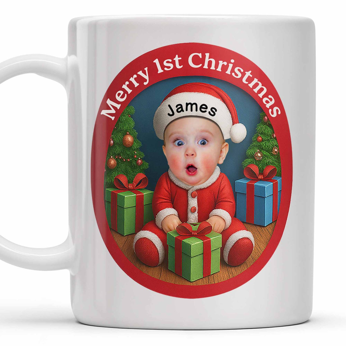 Merry 1st Christmas, Baby With Christmas Tree And Gifts