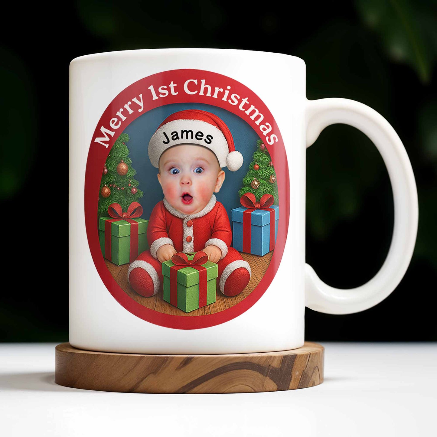 Merry 1st Christmas, Baby With Christmas Tree And Gifts