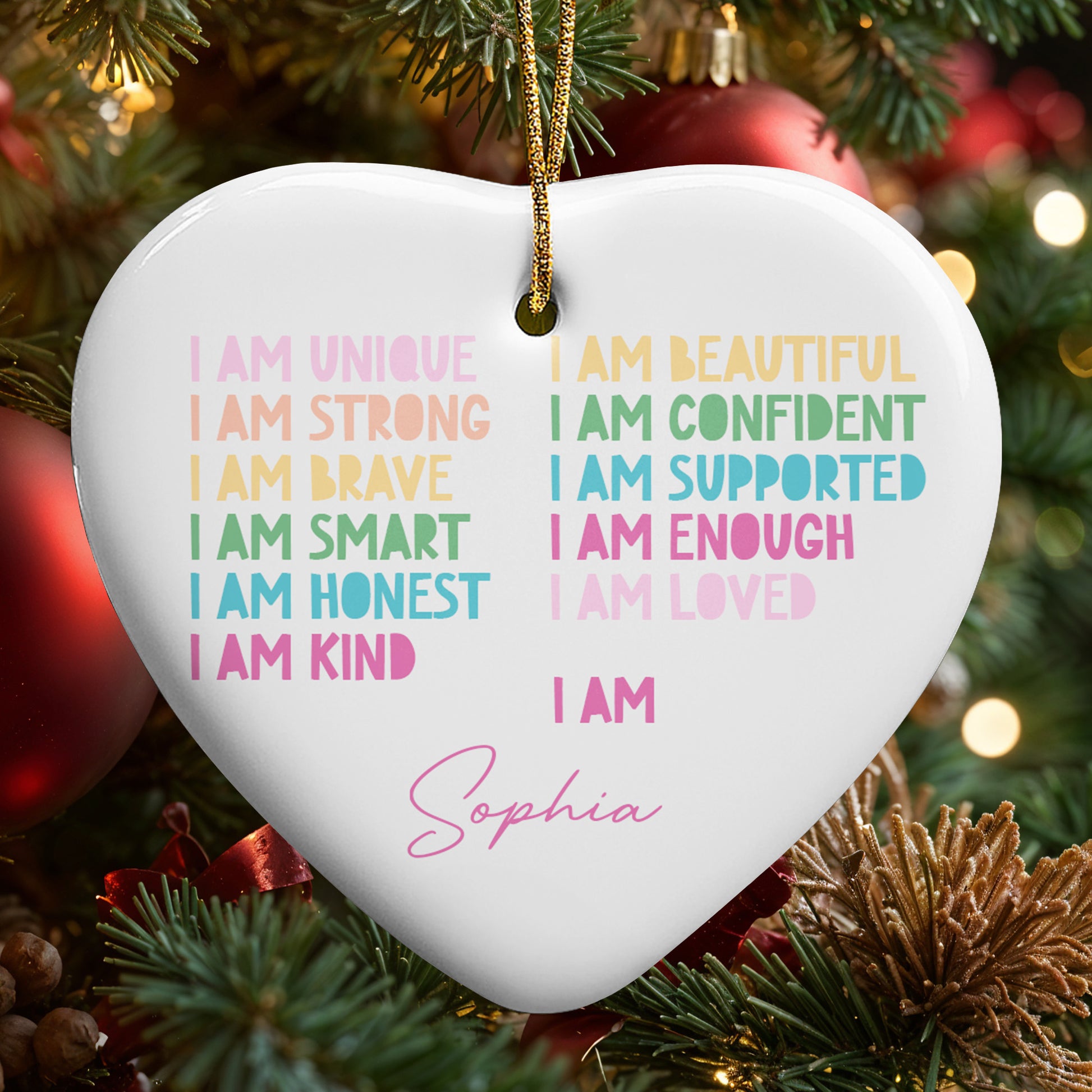 I Am Unique I Am Strong I Am Brave, Affirmation Heart Ornament