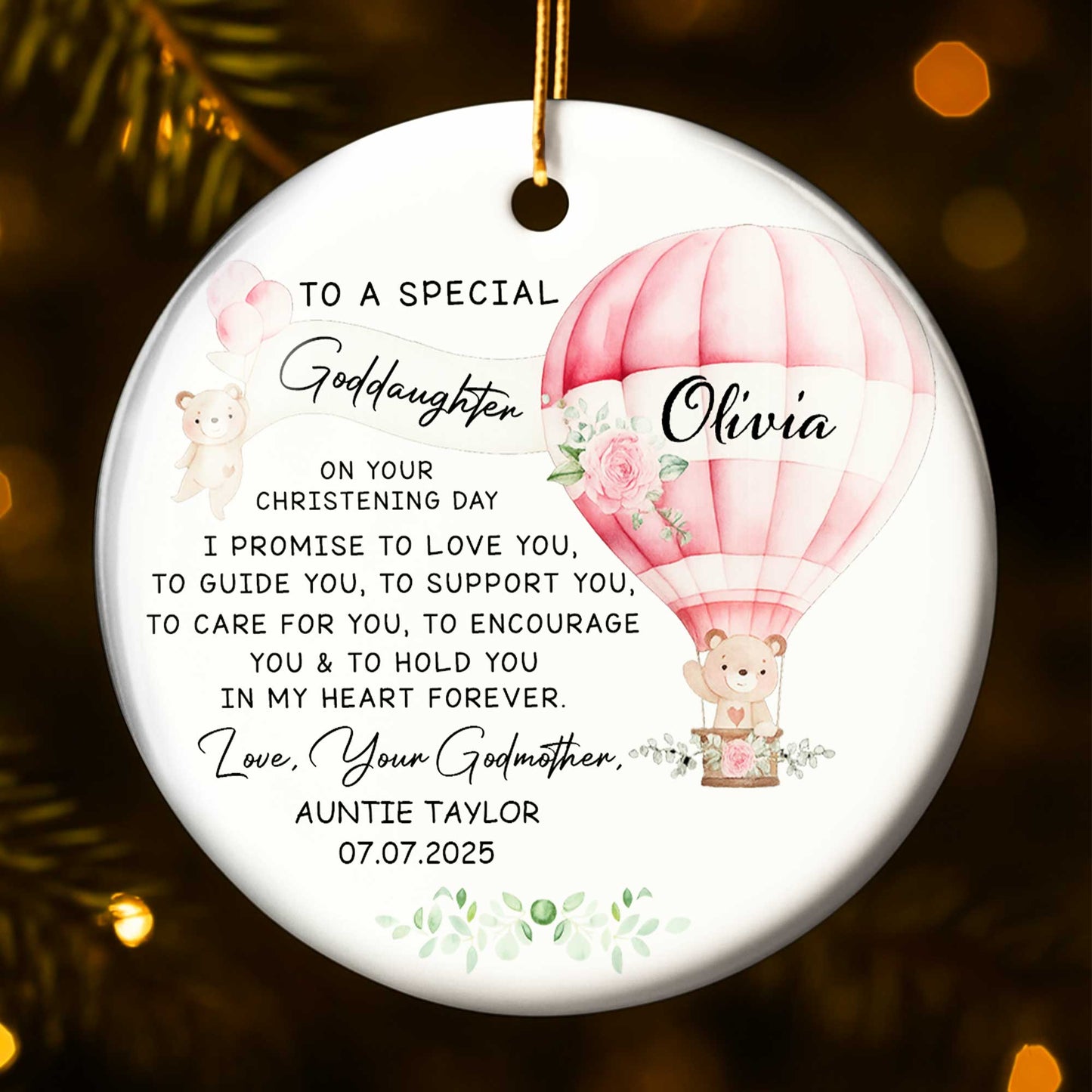 To A Special Goddaughter On Your Christening Day, Hot Air Balloon And Teddy Bear - Personalized Custom Ceramic Ornament With Round Shape - KID236_RCE