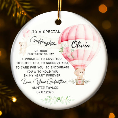 To A Special Goddaughter On Your Christening Day, Hot Air Balloon And Teddy Bear - Personalized Custom Ceramic Ornament With Round Shape - KID236_RCE
