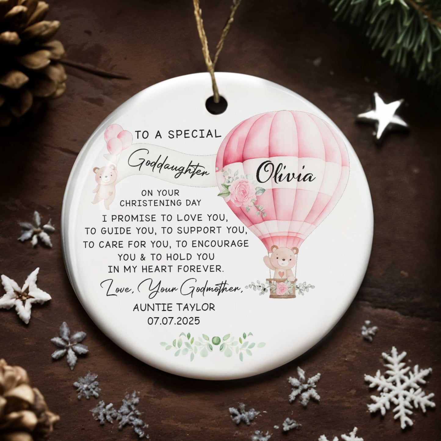 To A Special Goddaughter On Your Christening Day, Hot Air Balloon And Teddy Bear - Personalized Custom Ceramic Ornament With Round Shape - KID236_RCE