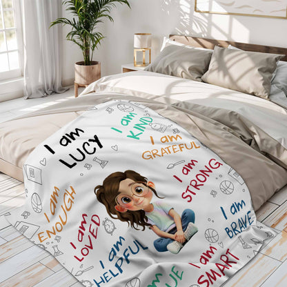 I Am Strong, Brave And Unique, Cartoon Girl Blanket