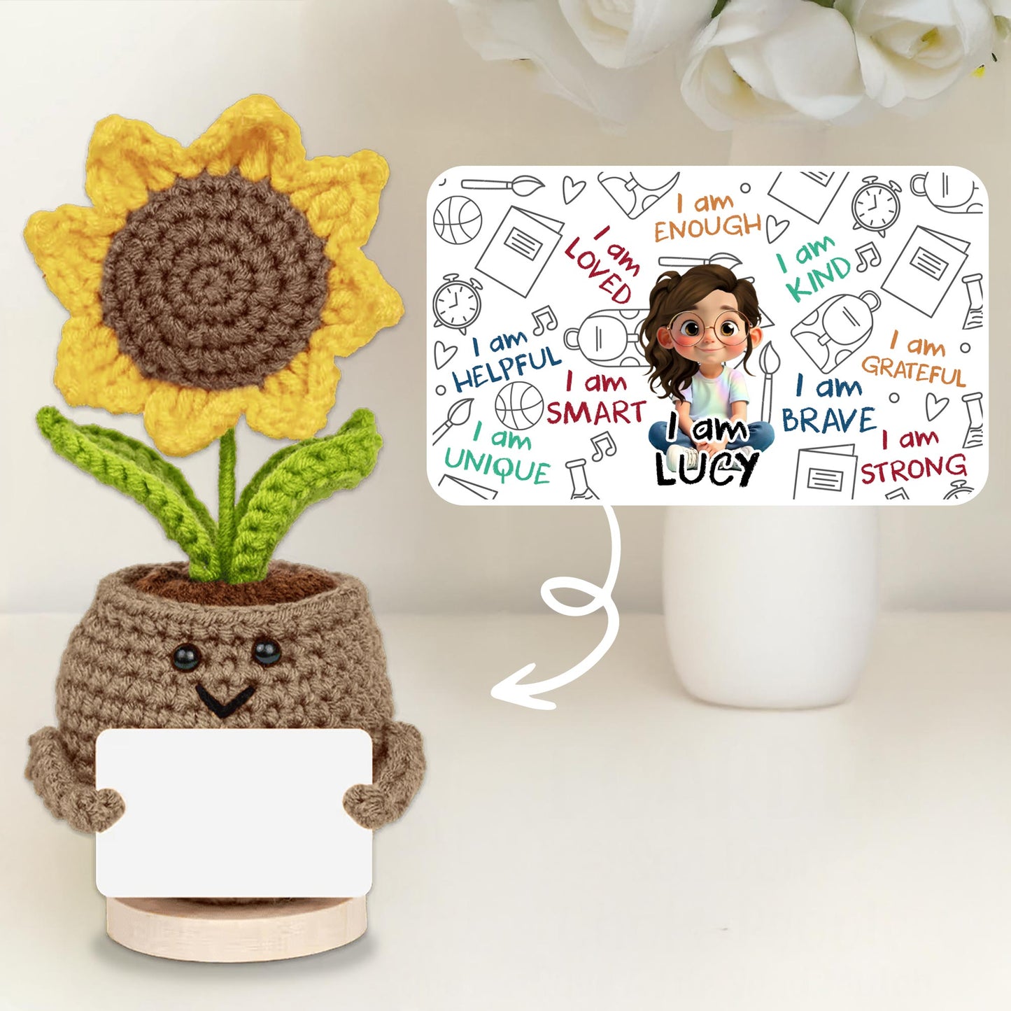 I Am Loved I Am Enough Brave Unique Sunflower - Crochet Doll With Custom Card - KID243_CDOLL