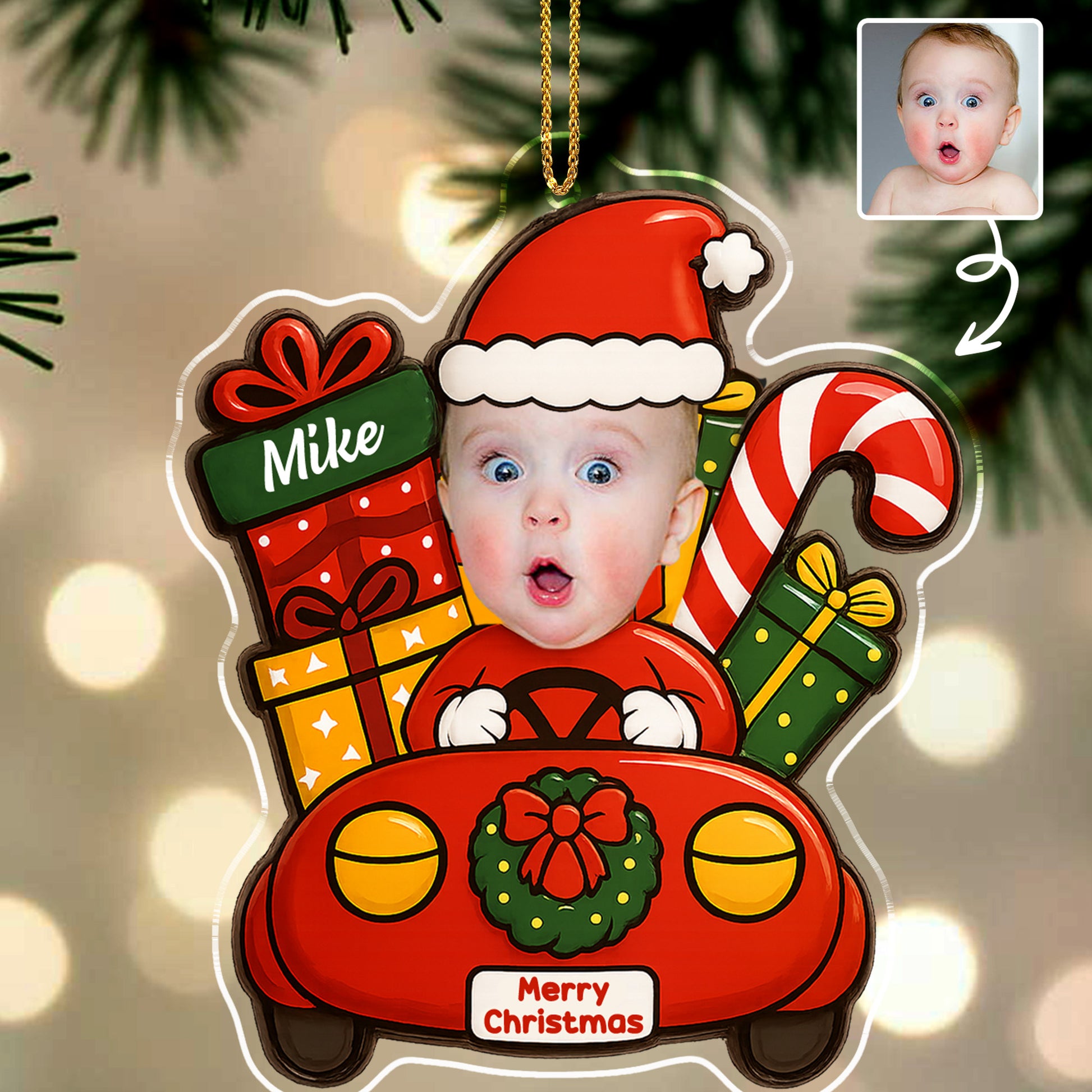Merry Christmas With Baby In Festive Car