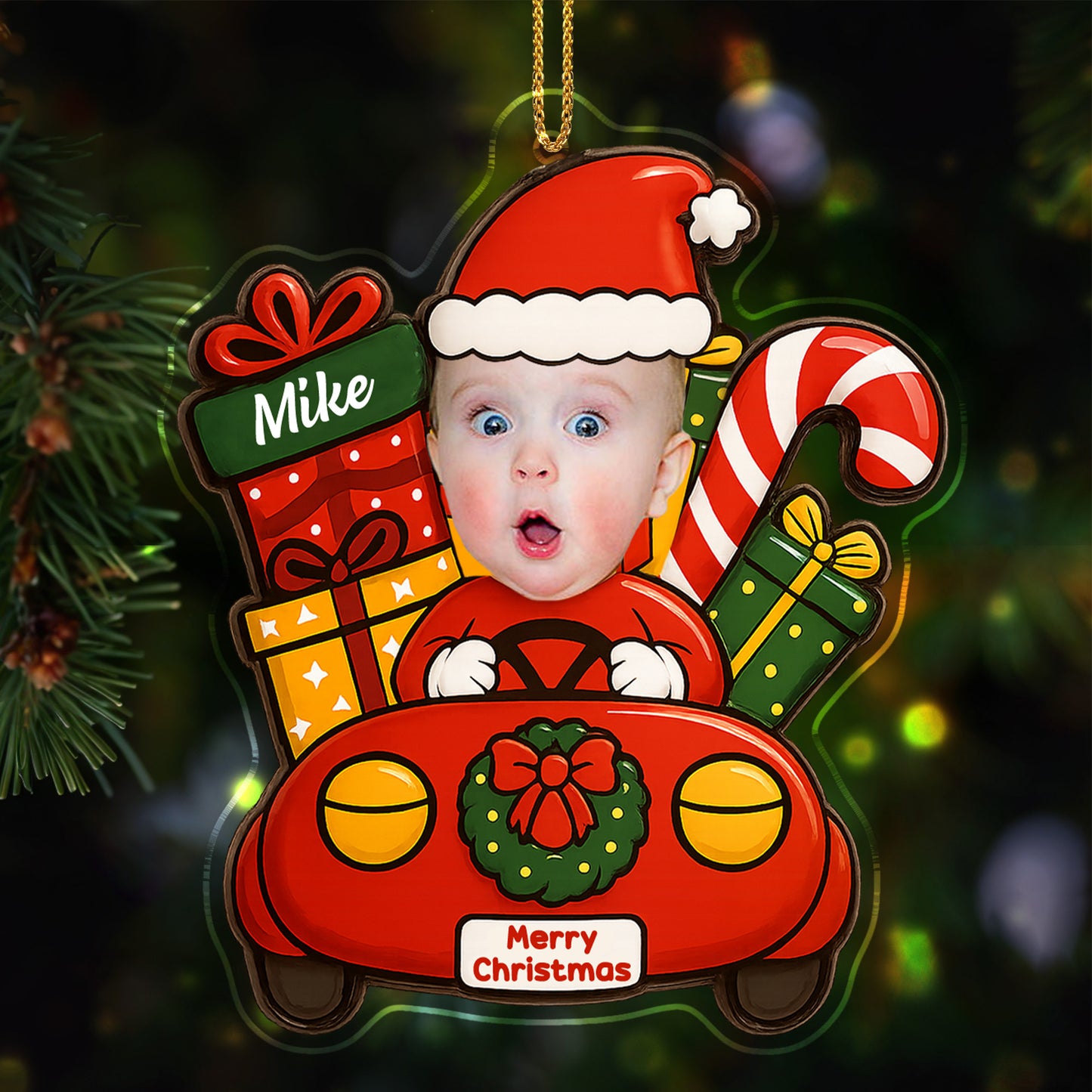 Merry Christmas With Baby In Festive Car