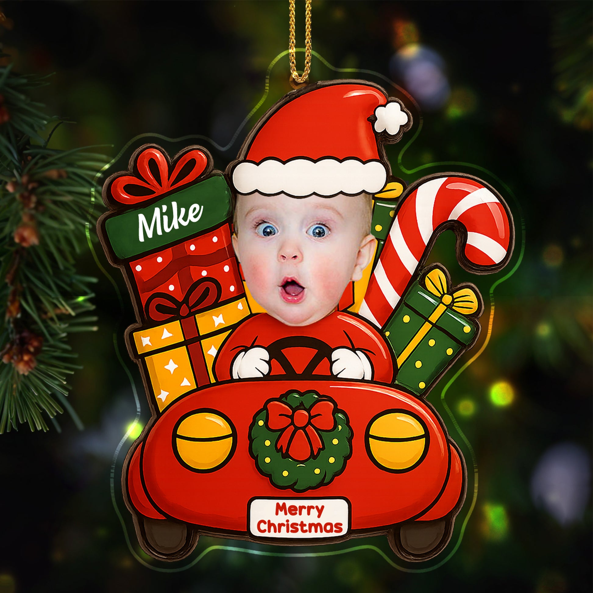 Merry Christmas With Baby In Festive Car