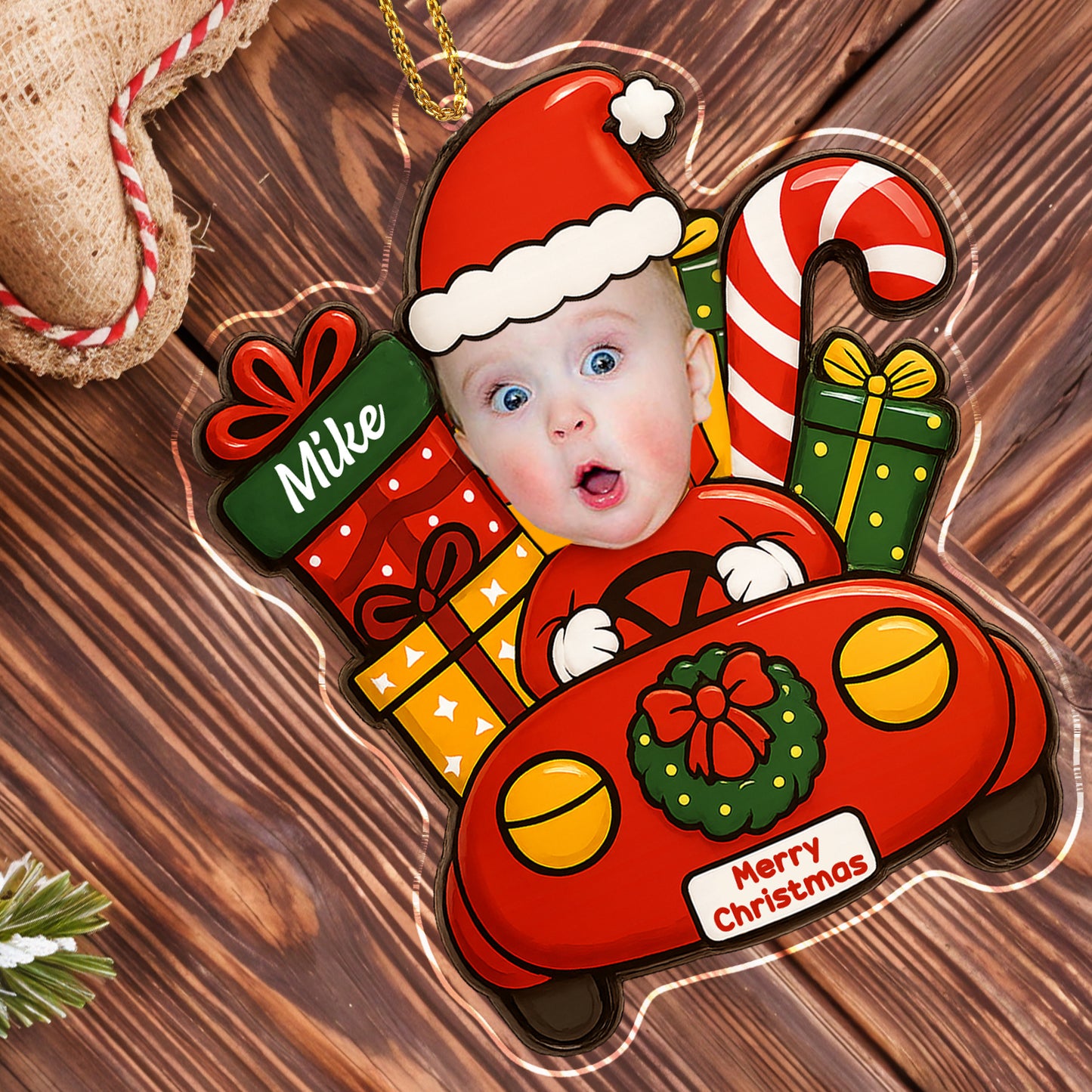 Merry Christmas With Baby In Festive Car