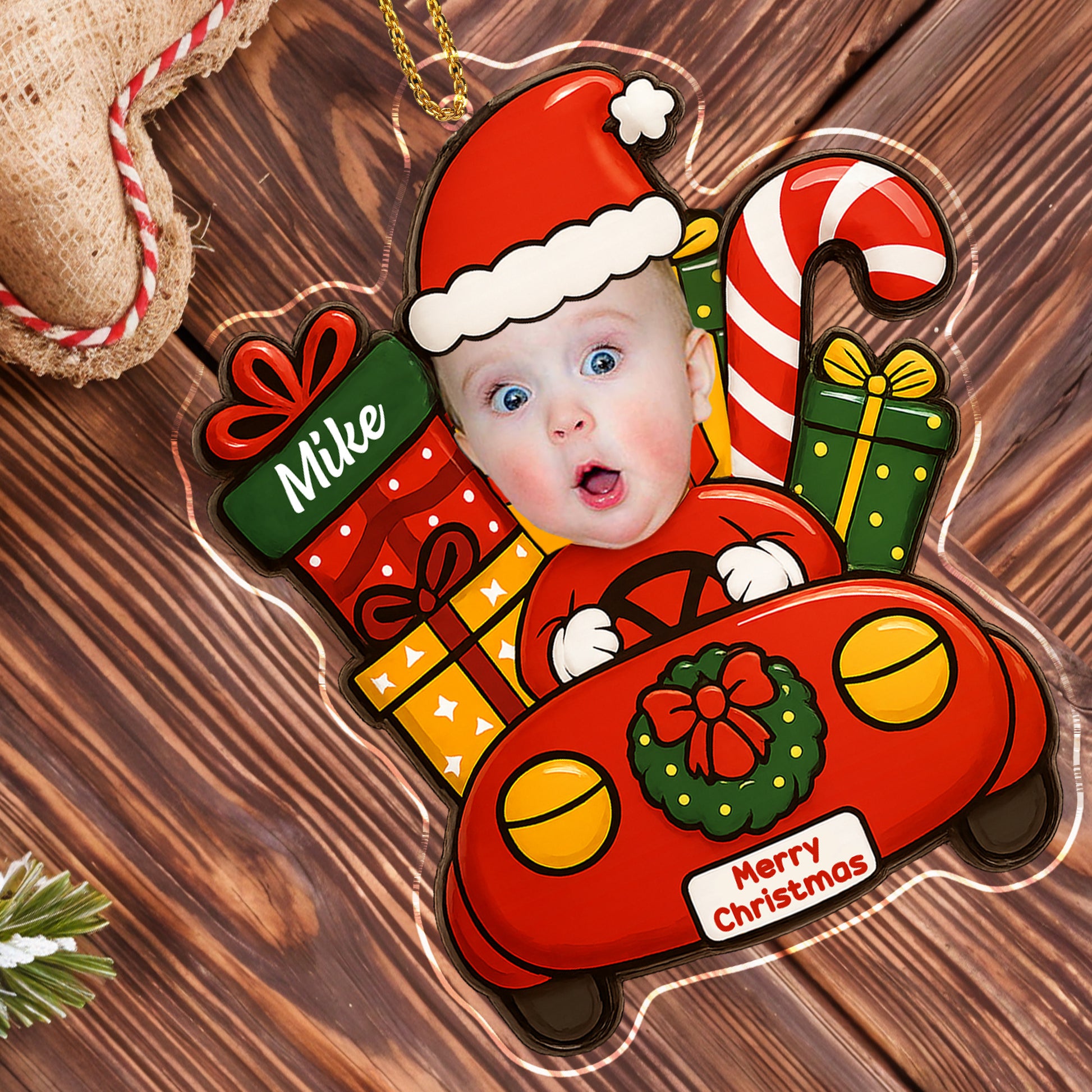 Merry Christmas With Baby In Festive Car