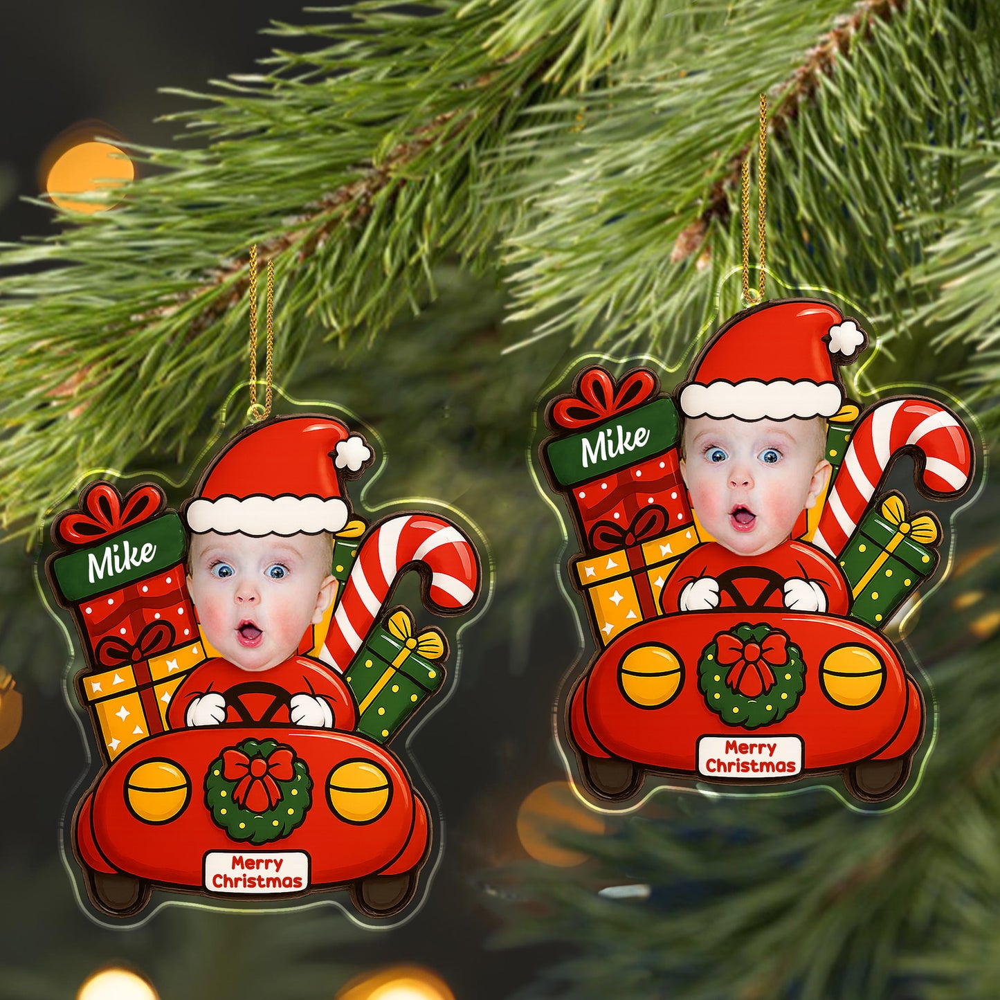 Merry Christmas With Baby In Festive Car