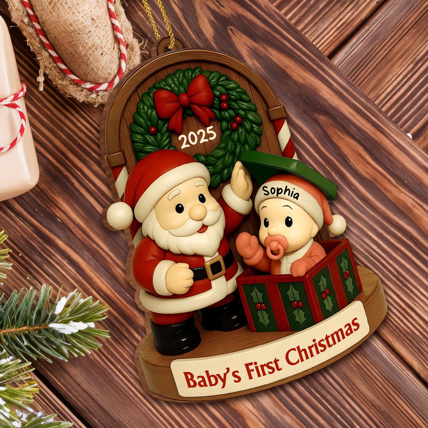 Baby's First Christmas With Santa And Festive Decorations