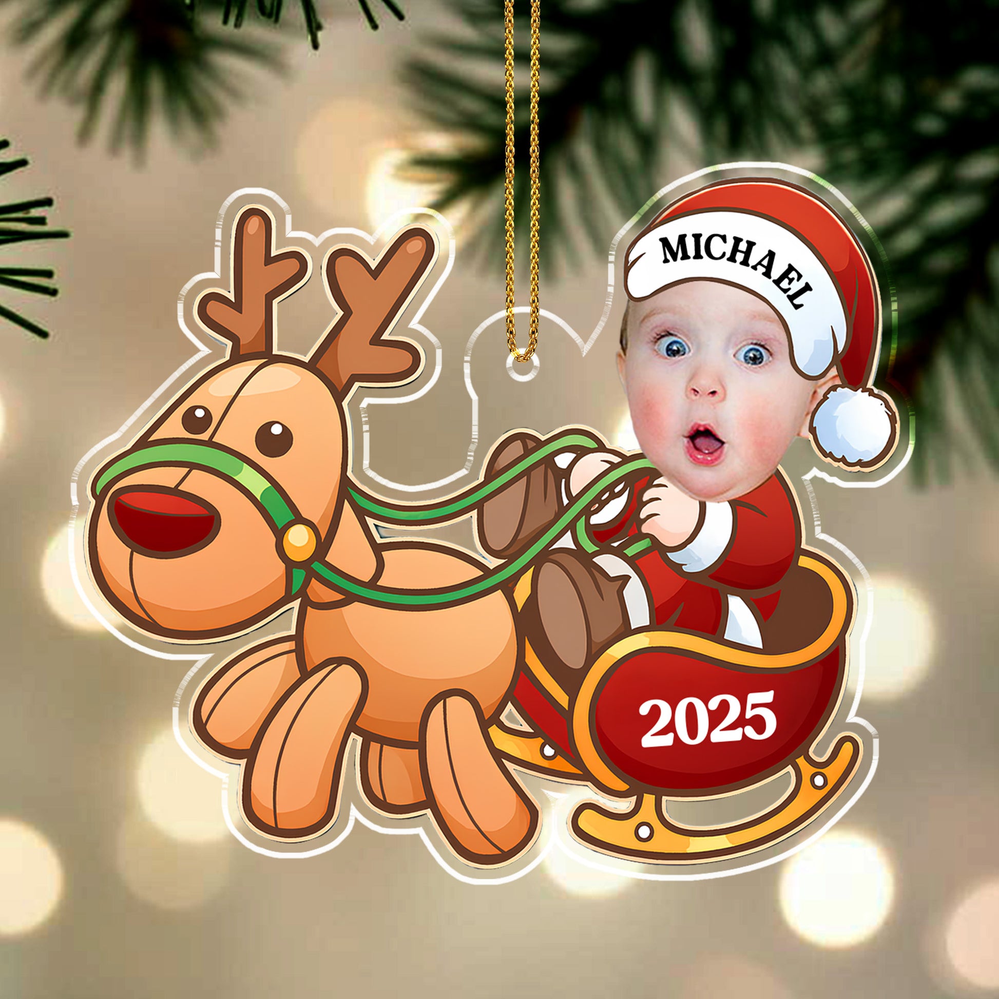 Charming Baby And Cheerful Reindeer In A Sleigh
