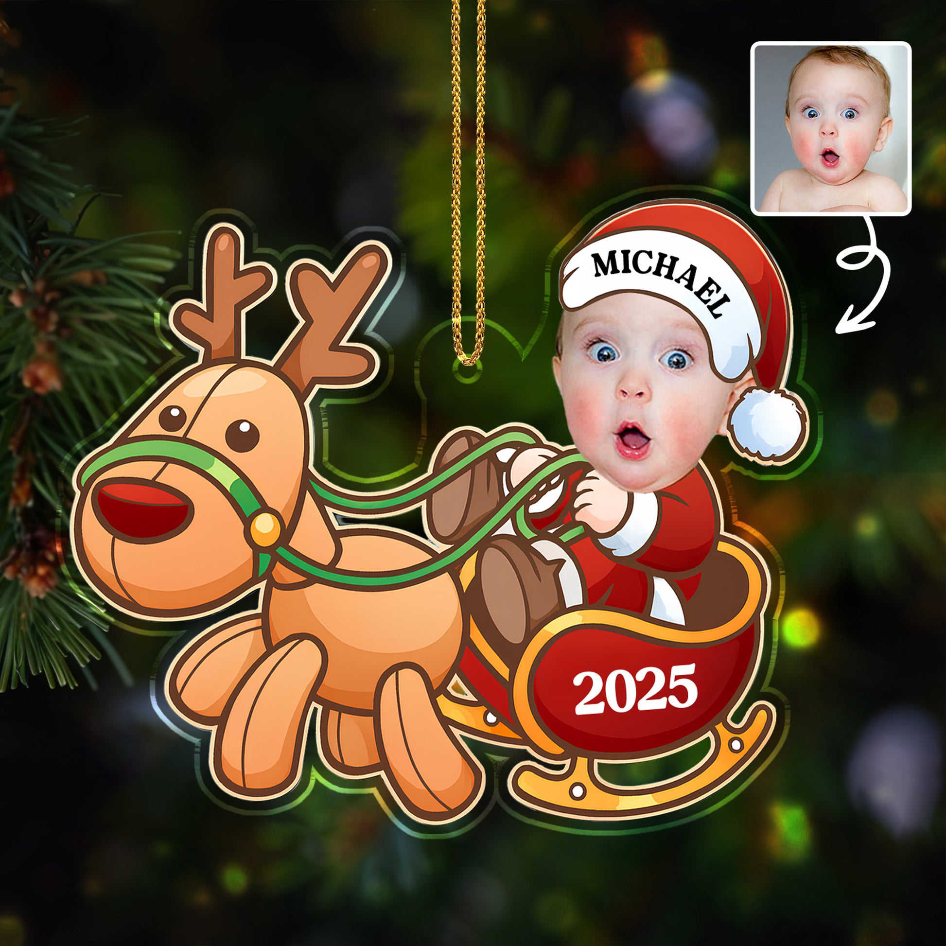 Charming Baby And Cheerful Reindeer In A Sleigh
