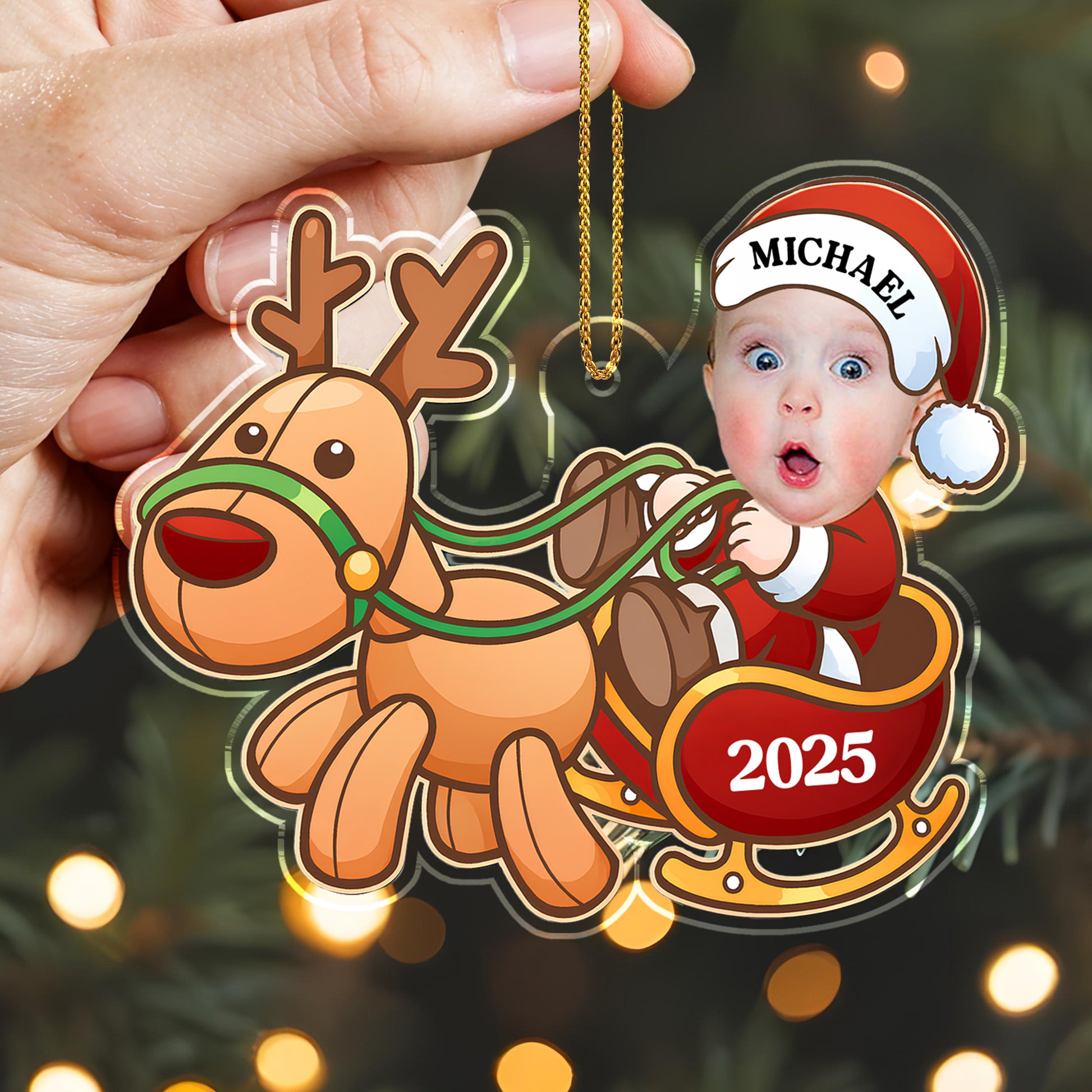Charming Baby And Cheerful Reindeer In A Sleigh