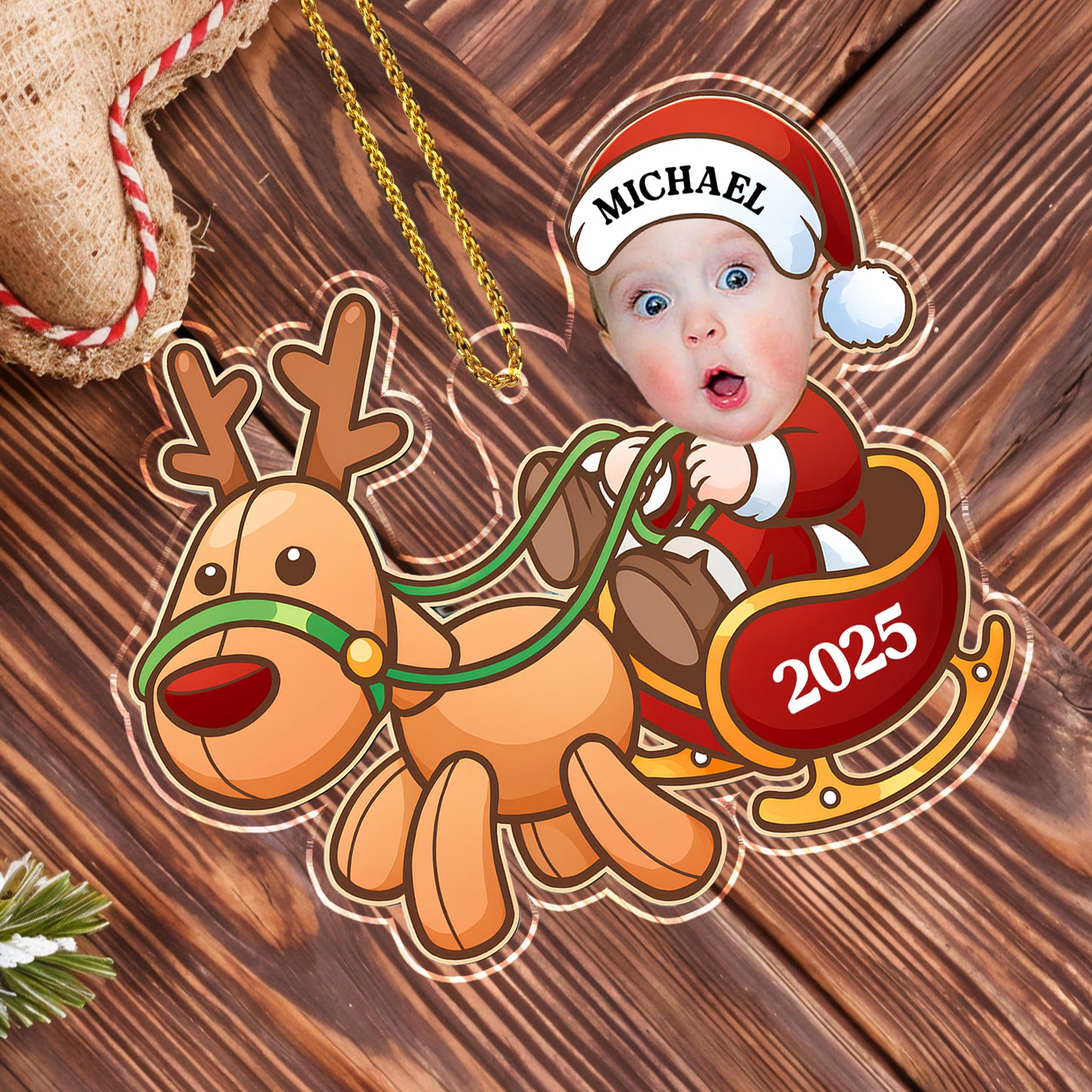 Charming Baby And Cheerful Reindeer In A Sleigh