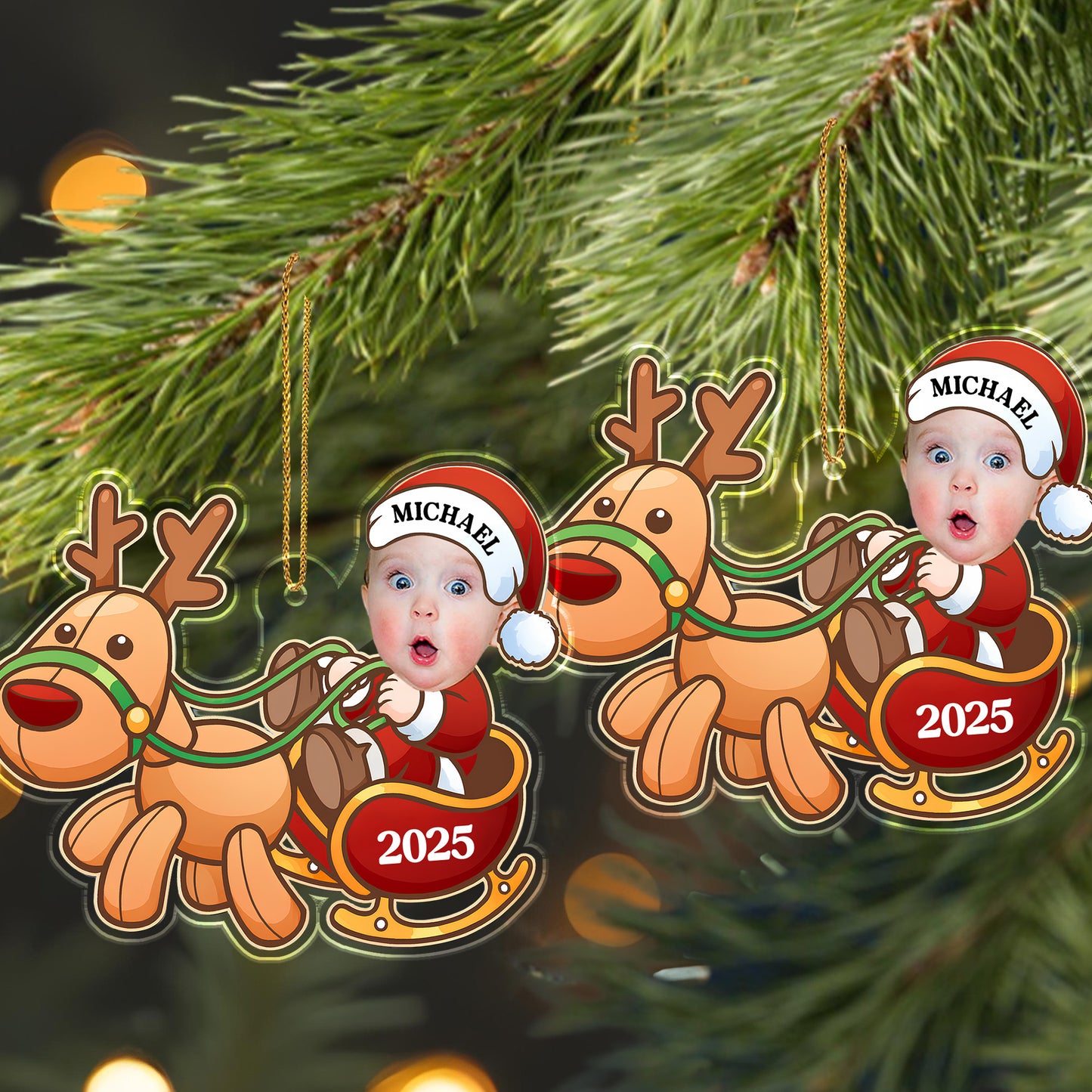 Charming Baby And Cheerful Reindeer In A Sleigh