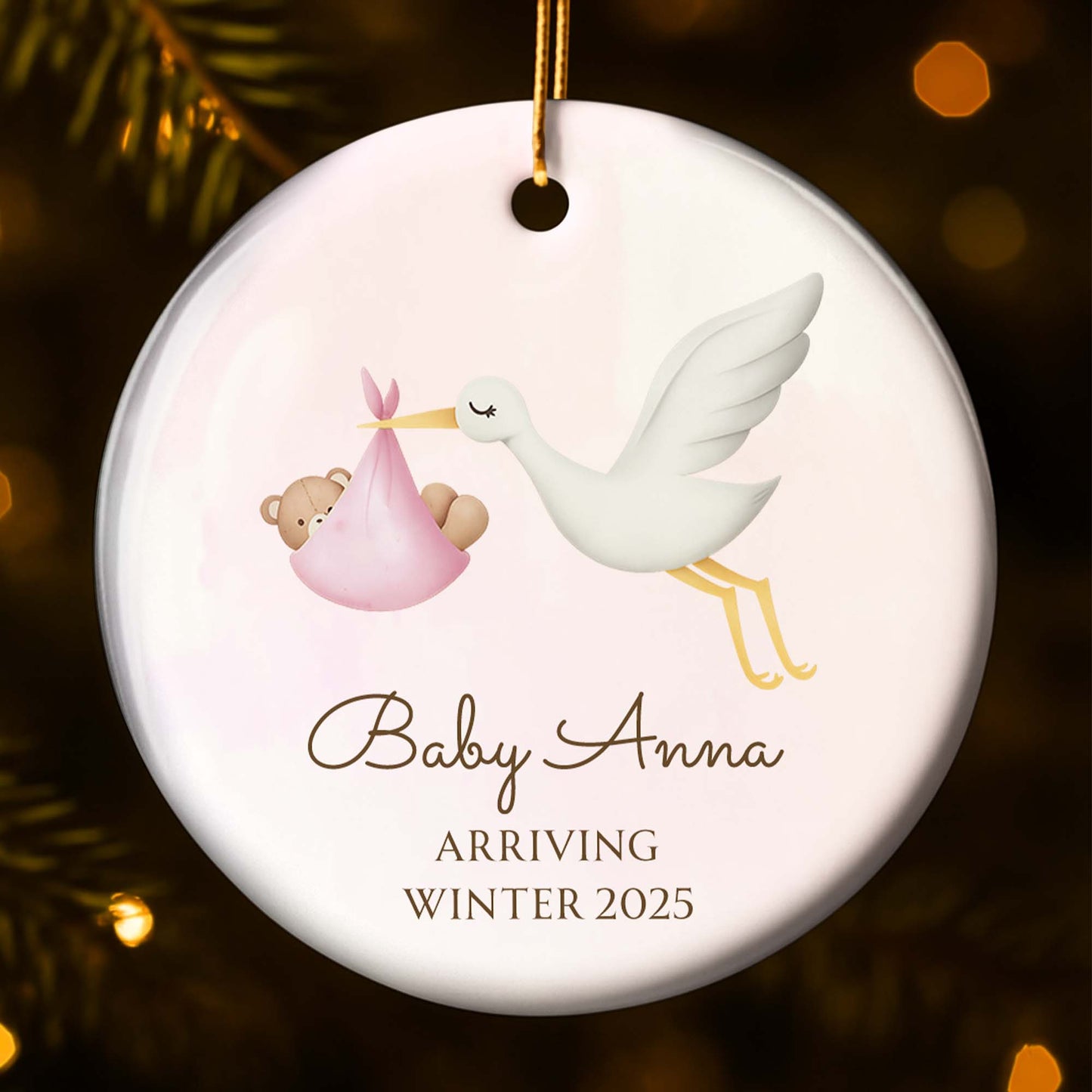 Arriving Winter, Stork Carrying Baby Bundle