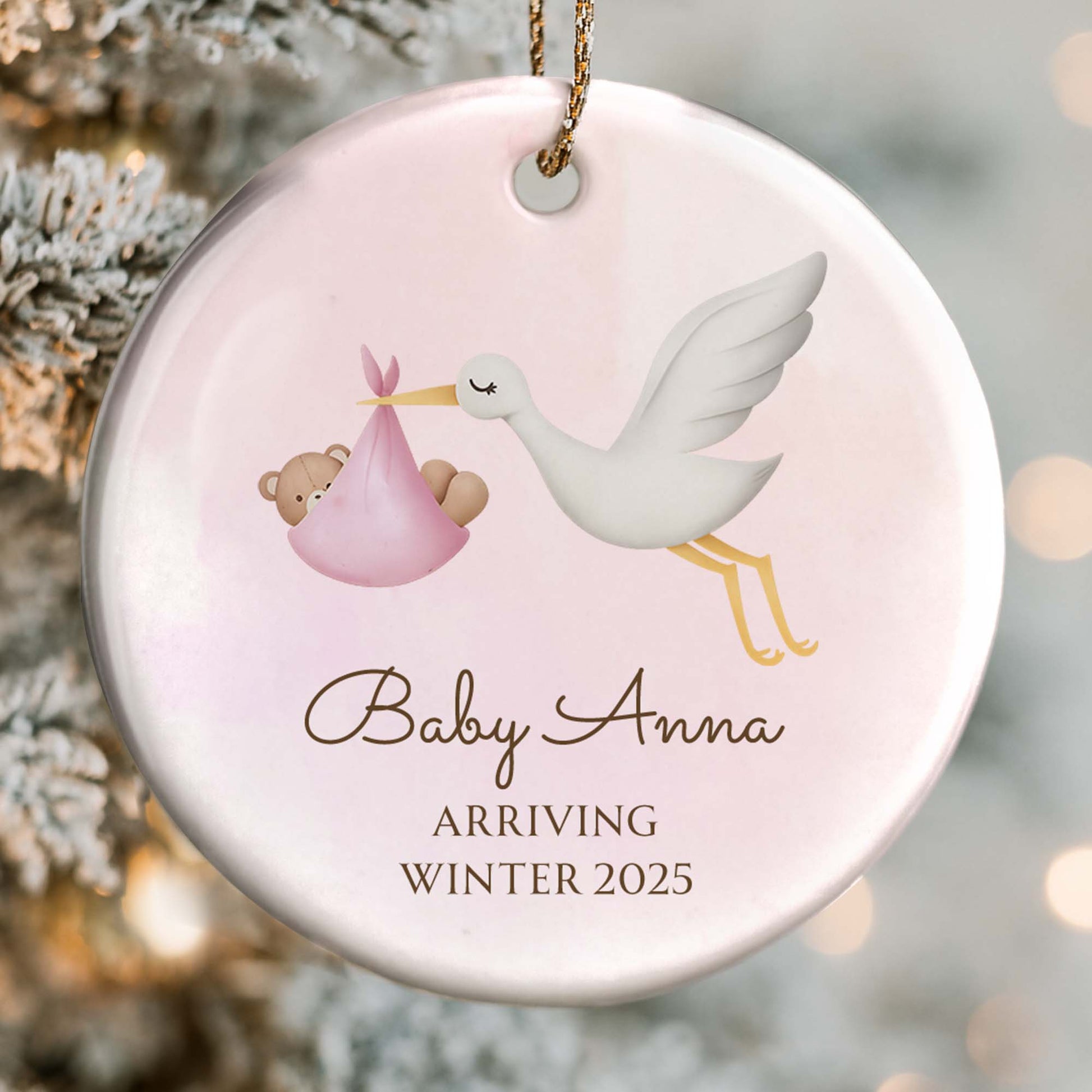 Arriving Winter, Stork Carrying Baby Bundle