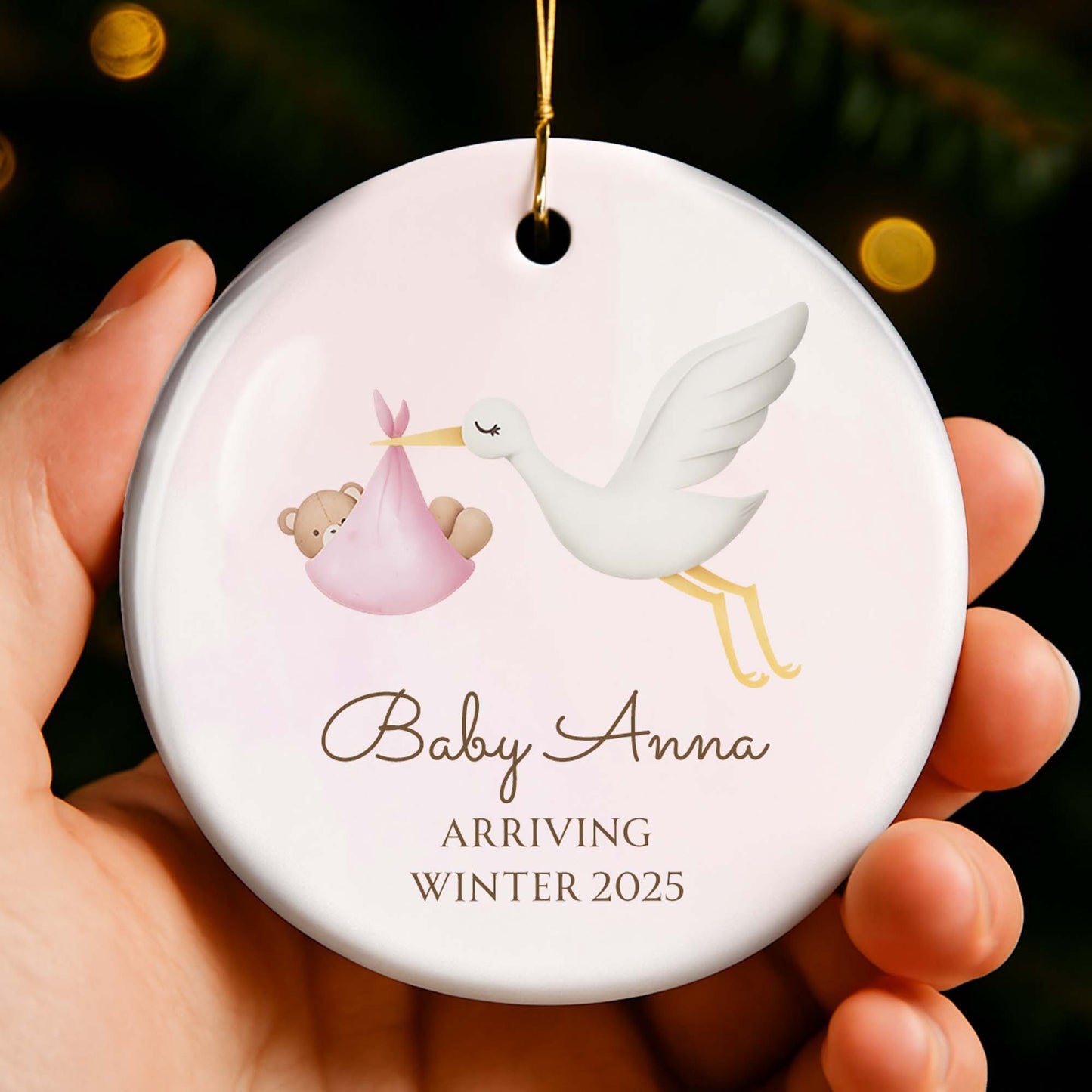 Arriving Winter, Stork Carrying Baby Bundle