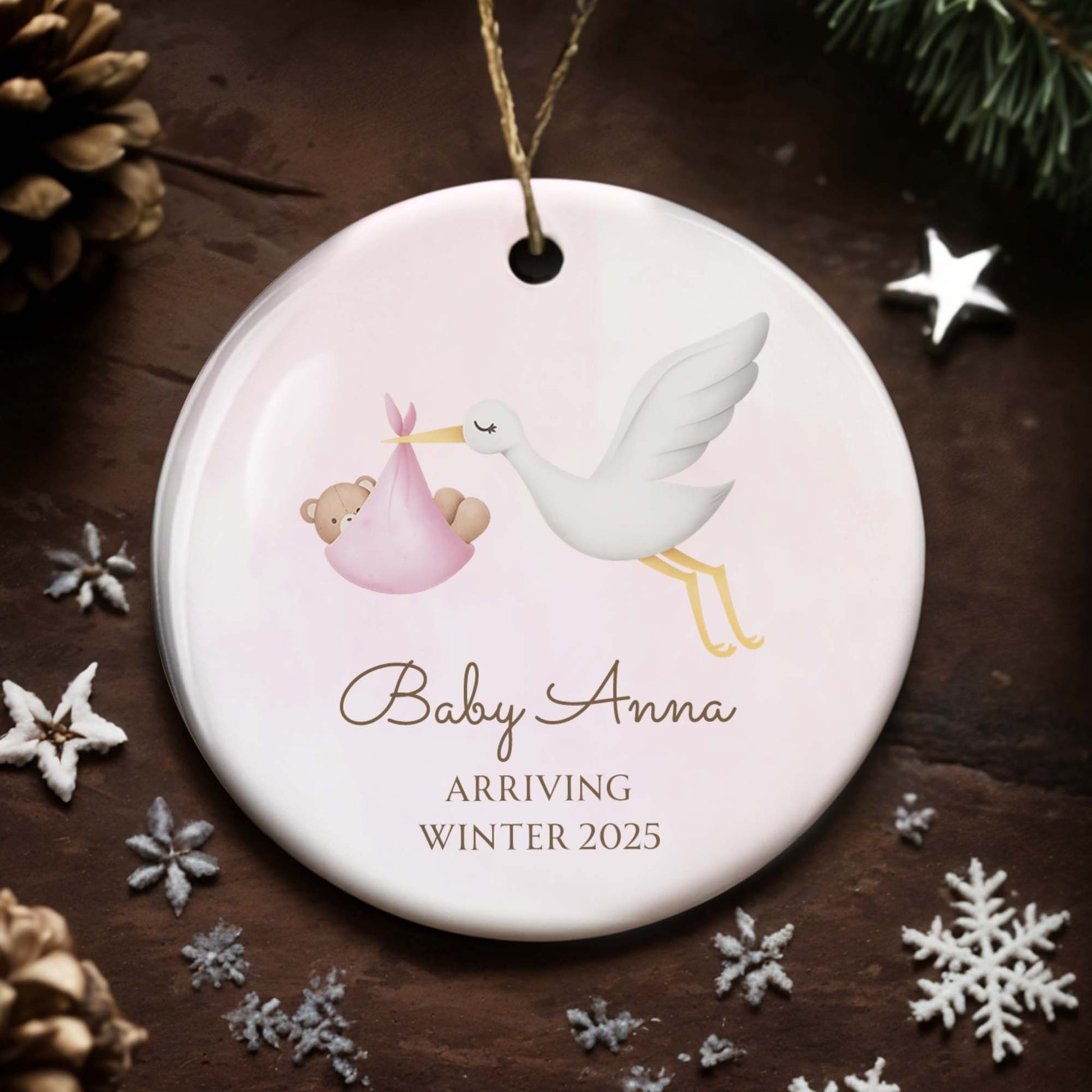 Arriving Winter, Stork Carrying Baby Bundle