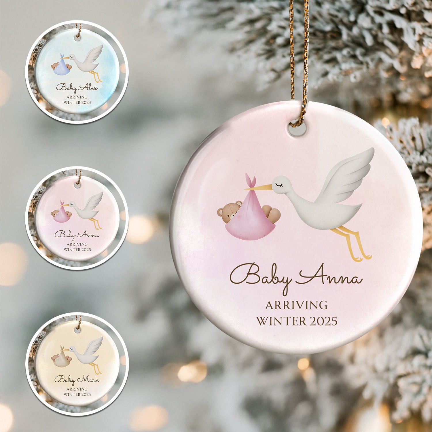 Arriving Winter, Stork Carrying Baby Bundle