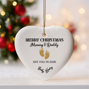 Merry Christmas Mommy And Daddy, Golden Footprints - Personalized Custom Ceramic Ornament With Heart Shape - KID293_HCE