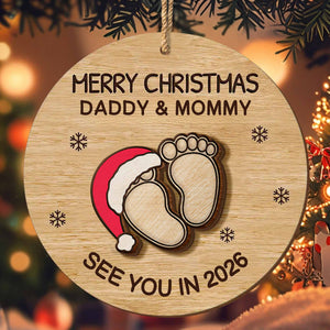 Merry Christmas Daddy & Mommy, Baby Feet With Santa Hat - Personalized Double Layer Wood Ornament - KID300_DWO