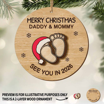 Merry Christmas Daddy & Mommy, Baby Feet With Santa Hat - Personalized Double Layer Wood Ornament - KID300_DWO