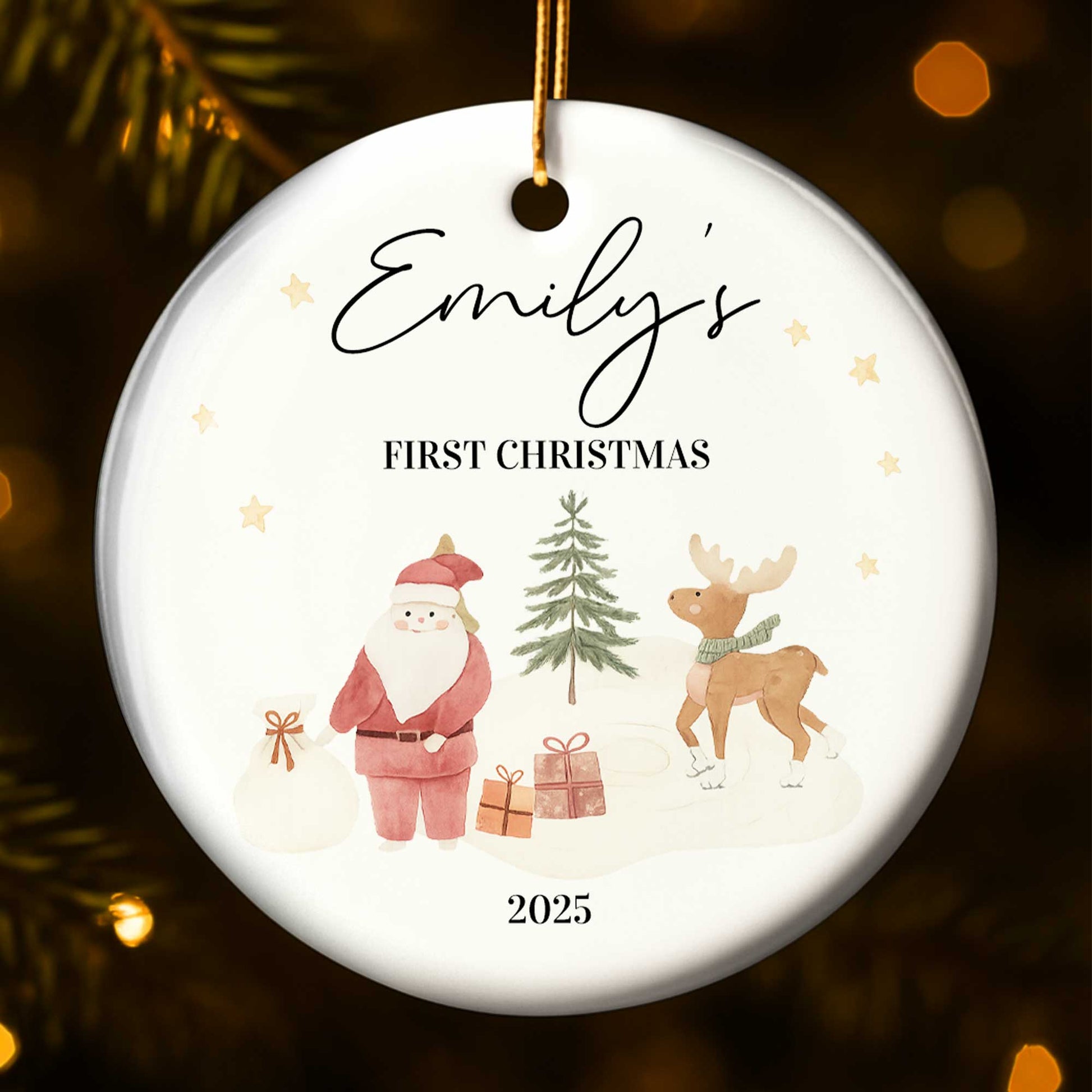 First Christmas With Santa, Reindeer, And Gifts