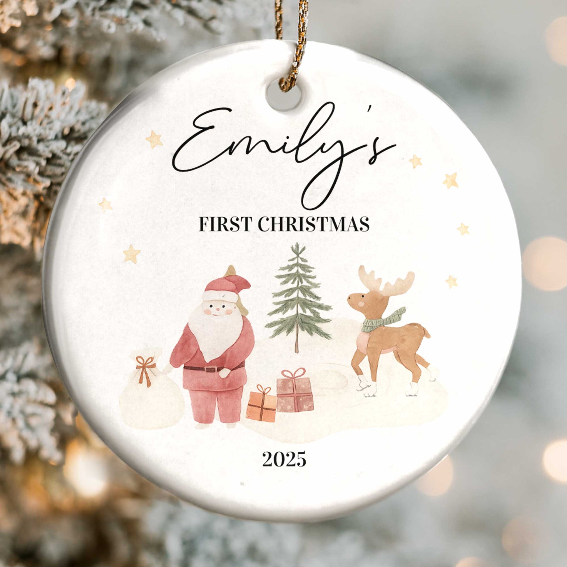 First Christmas With Santa, Reindeer, And Gifts