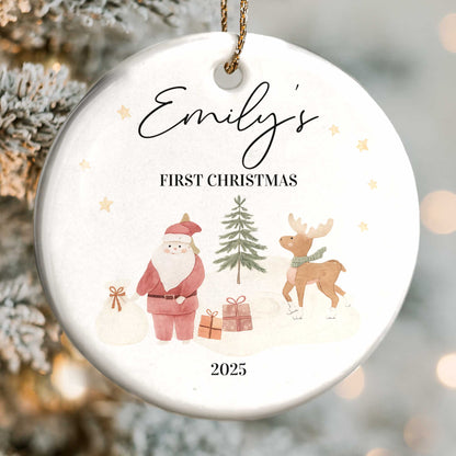 First Christmas With Santa, Reindeer, And Gifts