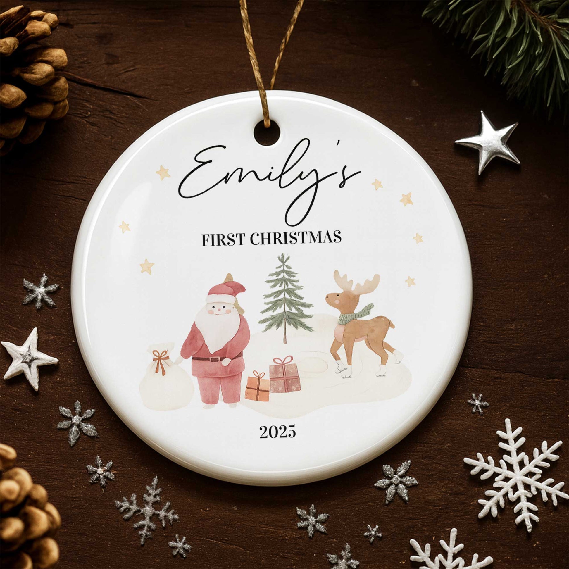 First Christmas With Santa, Reindeer, And Gifts