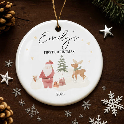 First Christmas With Santa, Reindeer, And Gifts