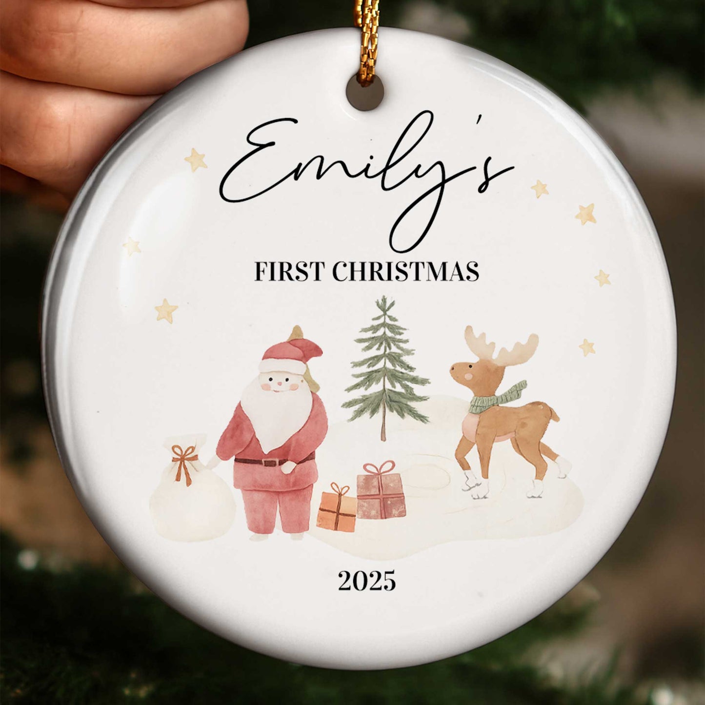 First Christmas With Santa, Reindeer, And Gifts