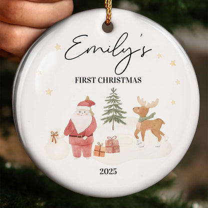 First Christmas With Santa, Reindeer, And Gifts