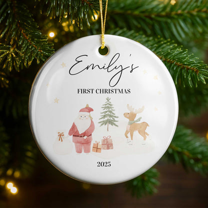 First Christmas With Santa, Reindeer, And Gifts