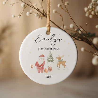 First Christmas With Santa, Reindeer, And Gifts