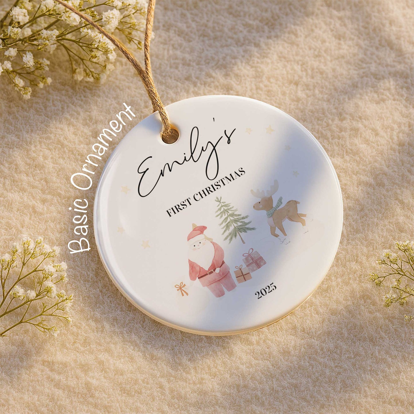 First Christmas With Santa, Reindeer, And Gifts