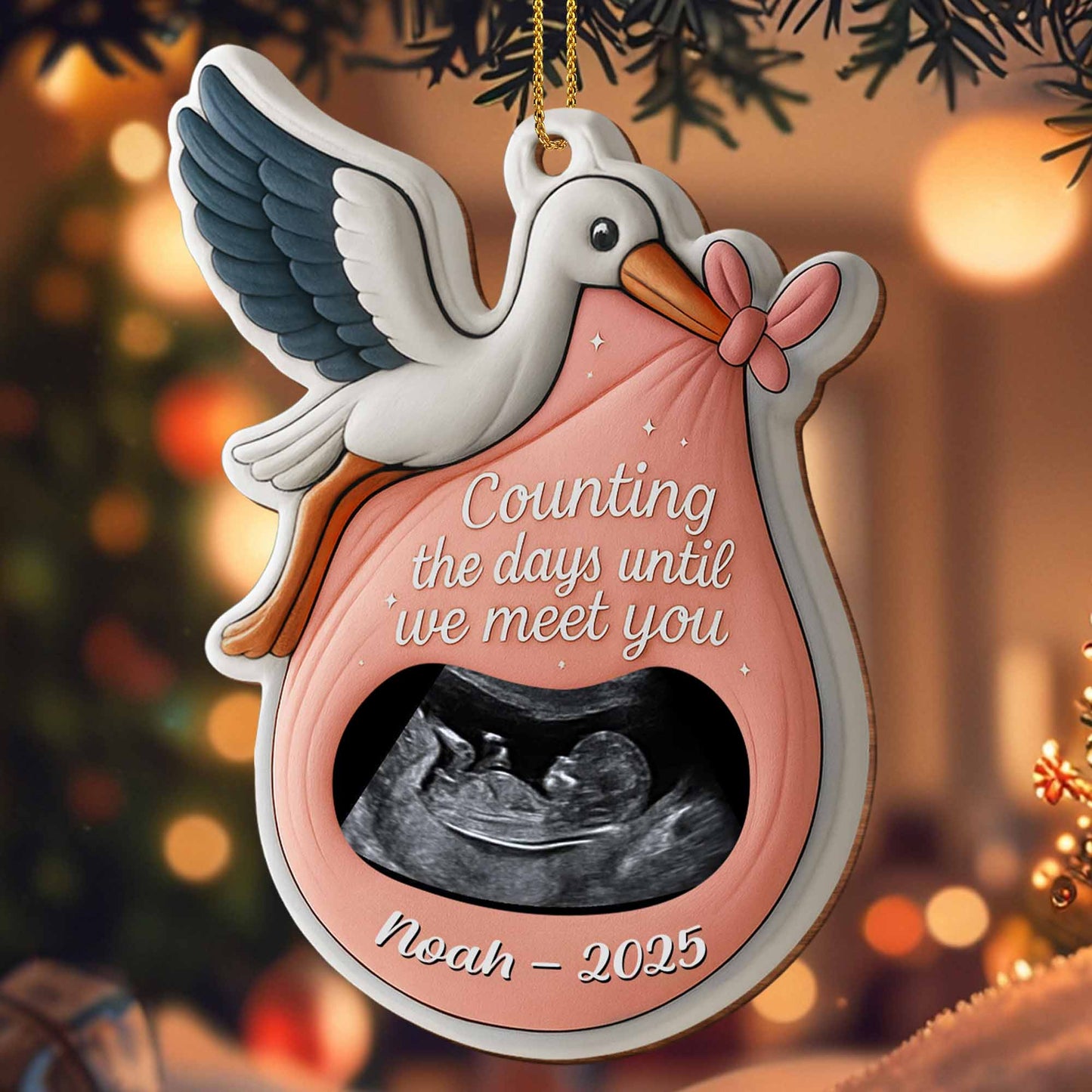 Counting The Days Until We Meet You Stork Design - Personalized Custom Wood Ornament, Custom Shaped - KID303_WDO