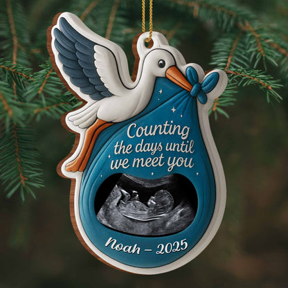 Counting The Days Until We Meet You Stork Design - Personalized Custom Wood Ornament, Custom Shaped - KID303_WDO