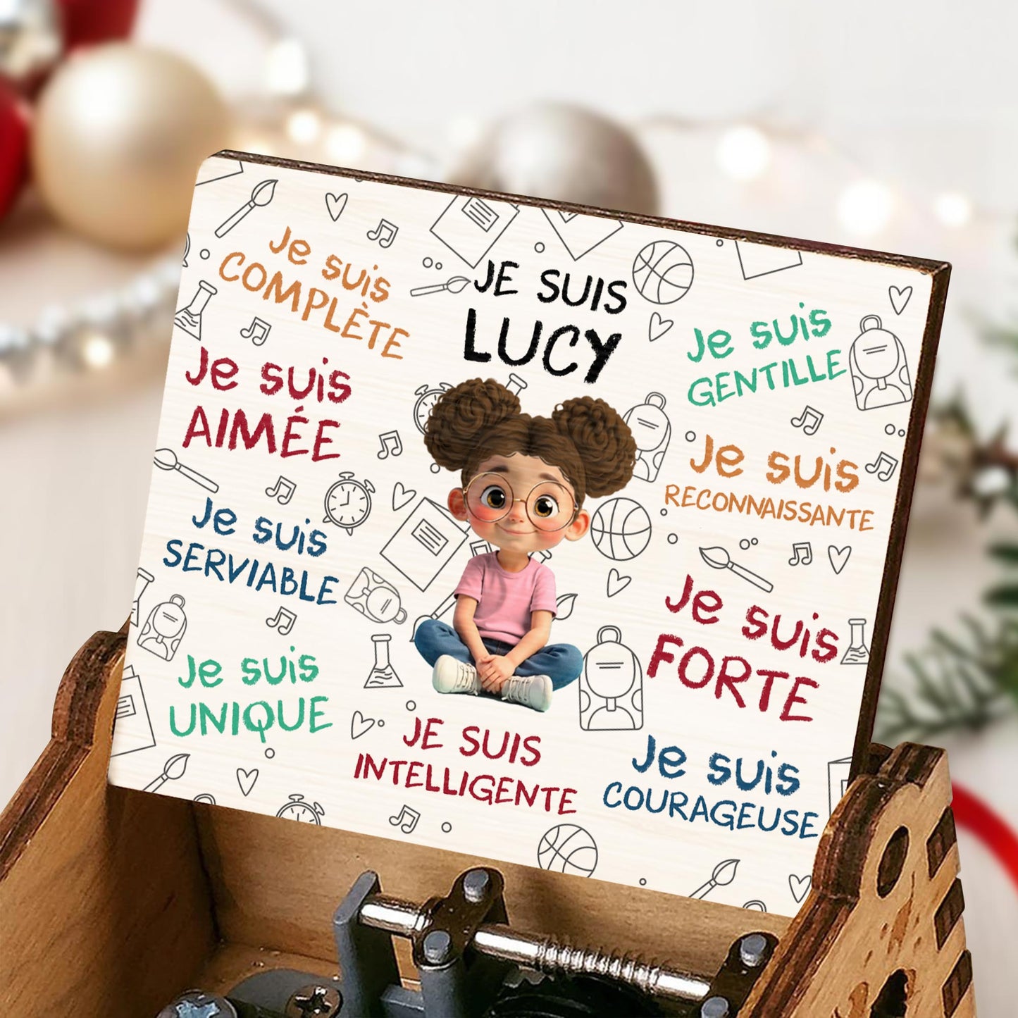 Je Suis Sufficiente, Girl With Music Notes And Heart - Custom Music Box With "You Are My Sunshine" Tune - KID316_MZB