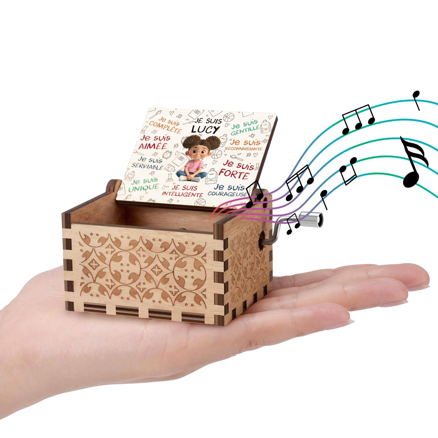 Je Suis Sufficiente, Girl With Music Notes And Heart - Custom Music Box With "You Are My Sunshine" Tune - KID316_MZB