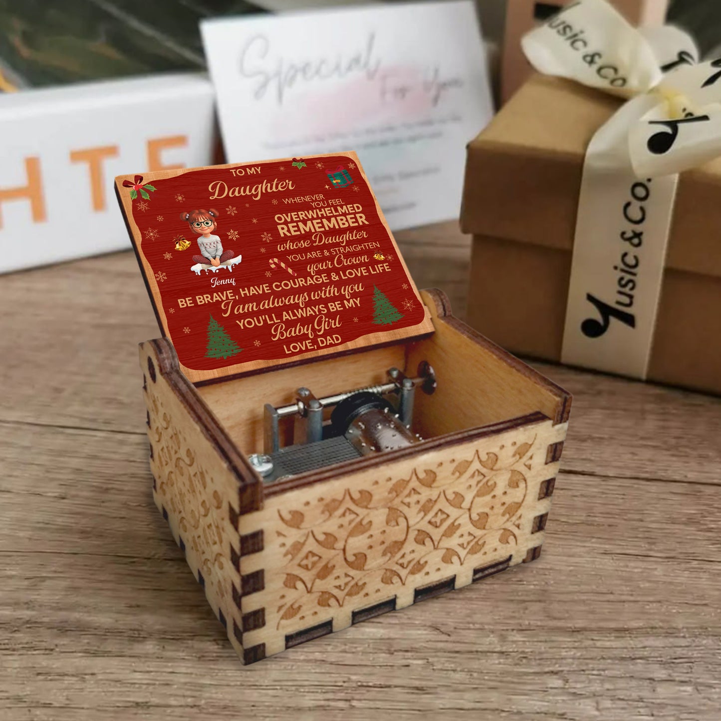 To My Daughter, Remember Your Strength & Crown, Christmas Tree - Custom Music Box With "We Wish You A Merry Christmas" Tune - KID316_MZX